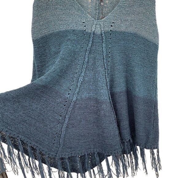 Max Sport Dark Ink Combo Fringed Poncho Sweater V-Neck S/M Blue MX13506-1 NWT - Picture 4 of 11